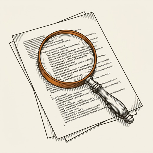 Engraved magnifying glass with an orange rim, examining sheets of source code
